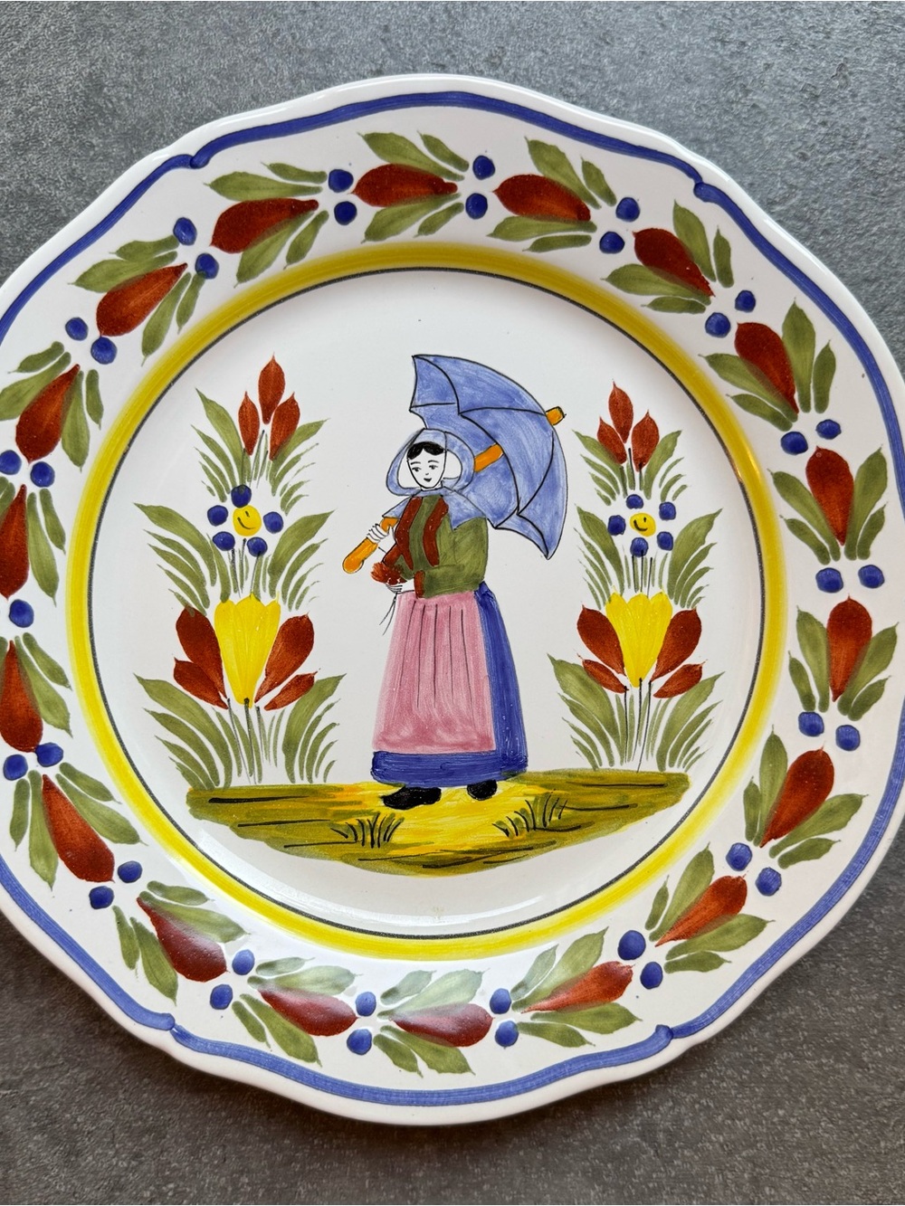 Vintage HB-Henriot Quimper France 8” Scalloped Plate Breton Woman W/ Umbrella